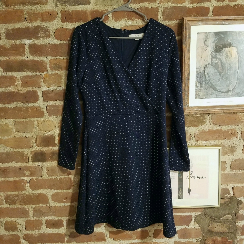 LOFT Navy Long Sleeve Polka Dot Dress